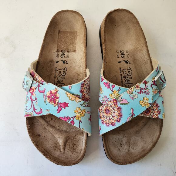 Birkenstock Birki's Slide Sandals EU 38 US 7 Blue Floral Criss Cross Shoes - Picture 2 of 6